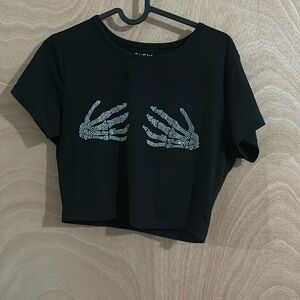 Black shirt with skeleton hand